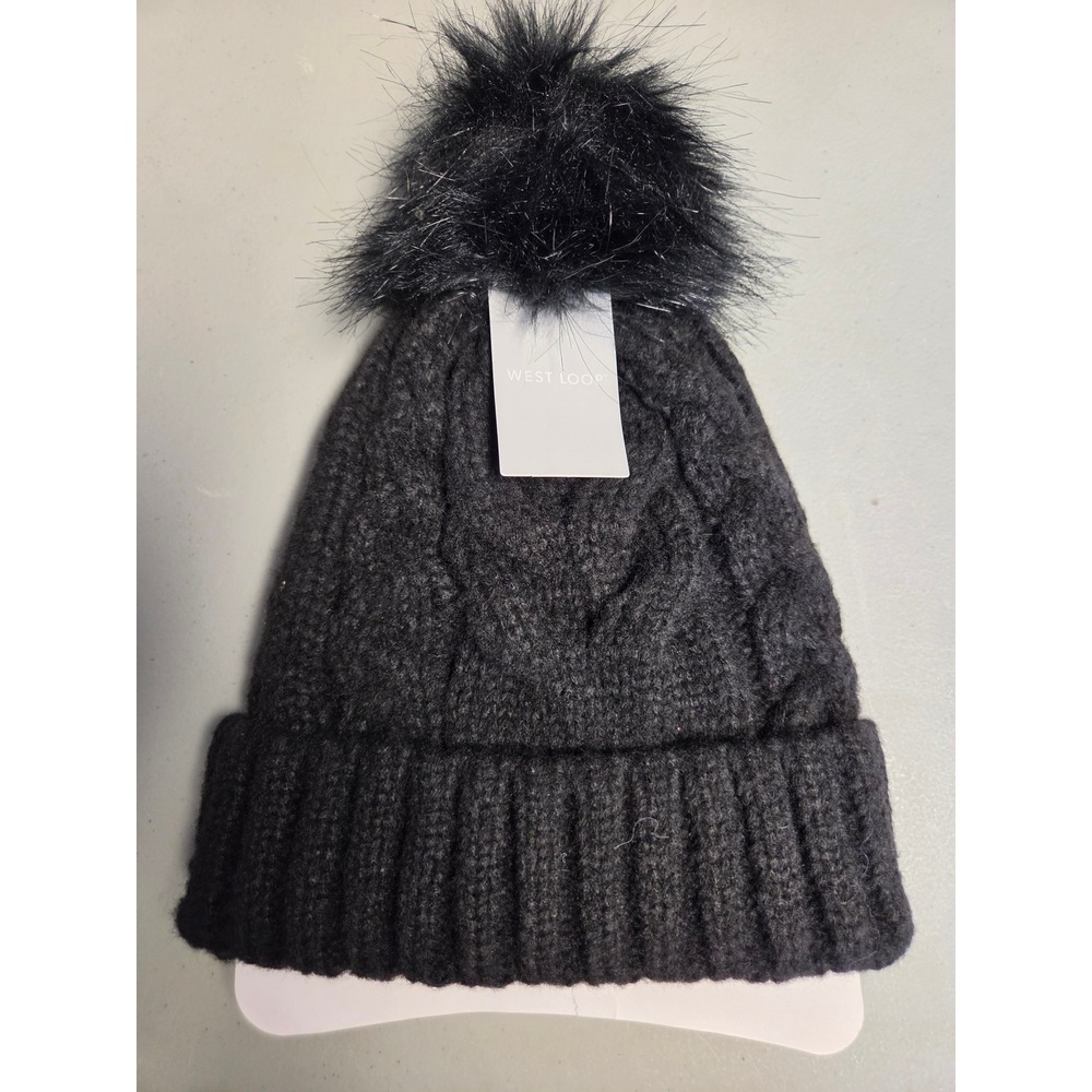 West Loop Womens Black Cable Knit Beanie Faux Fur Pom Hat NWT